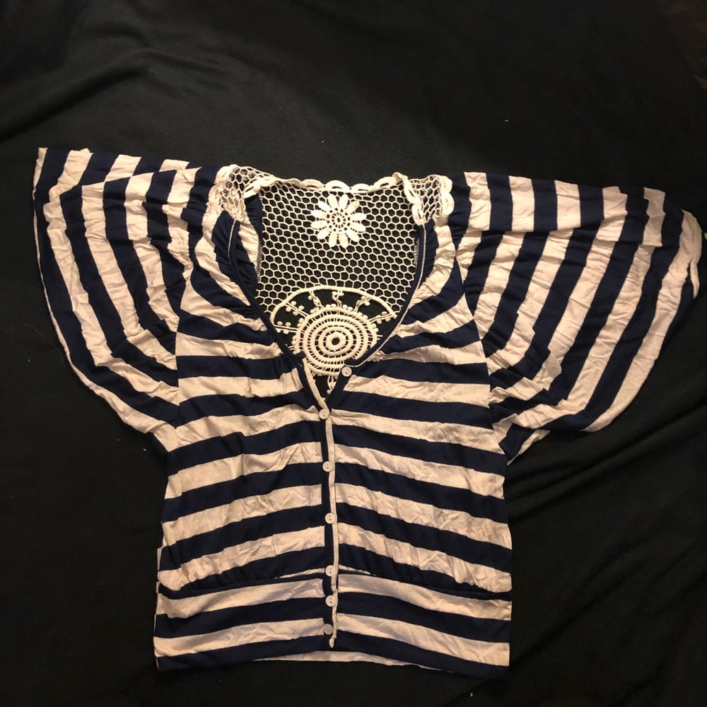 White and navy striped button up with crochet back